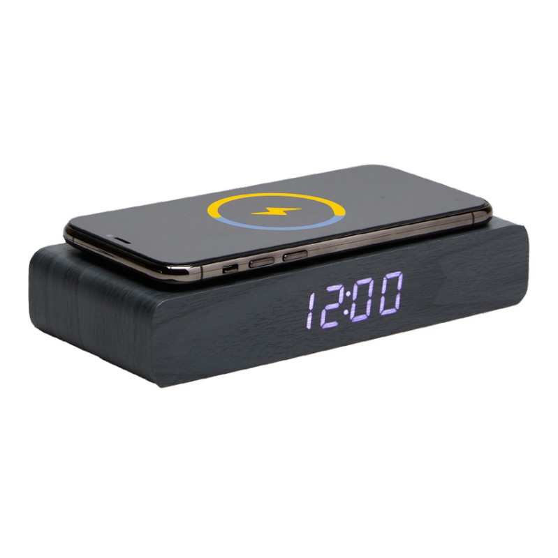 Orologio-sveglia digitale in legno nero con display LED, temperatura e ricarica cellulare wireless, funzionamento con cavo USB incluso